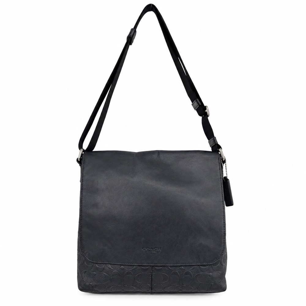 Coach Black Leather Signature Embossed Messenger Crossbody Bag F71726